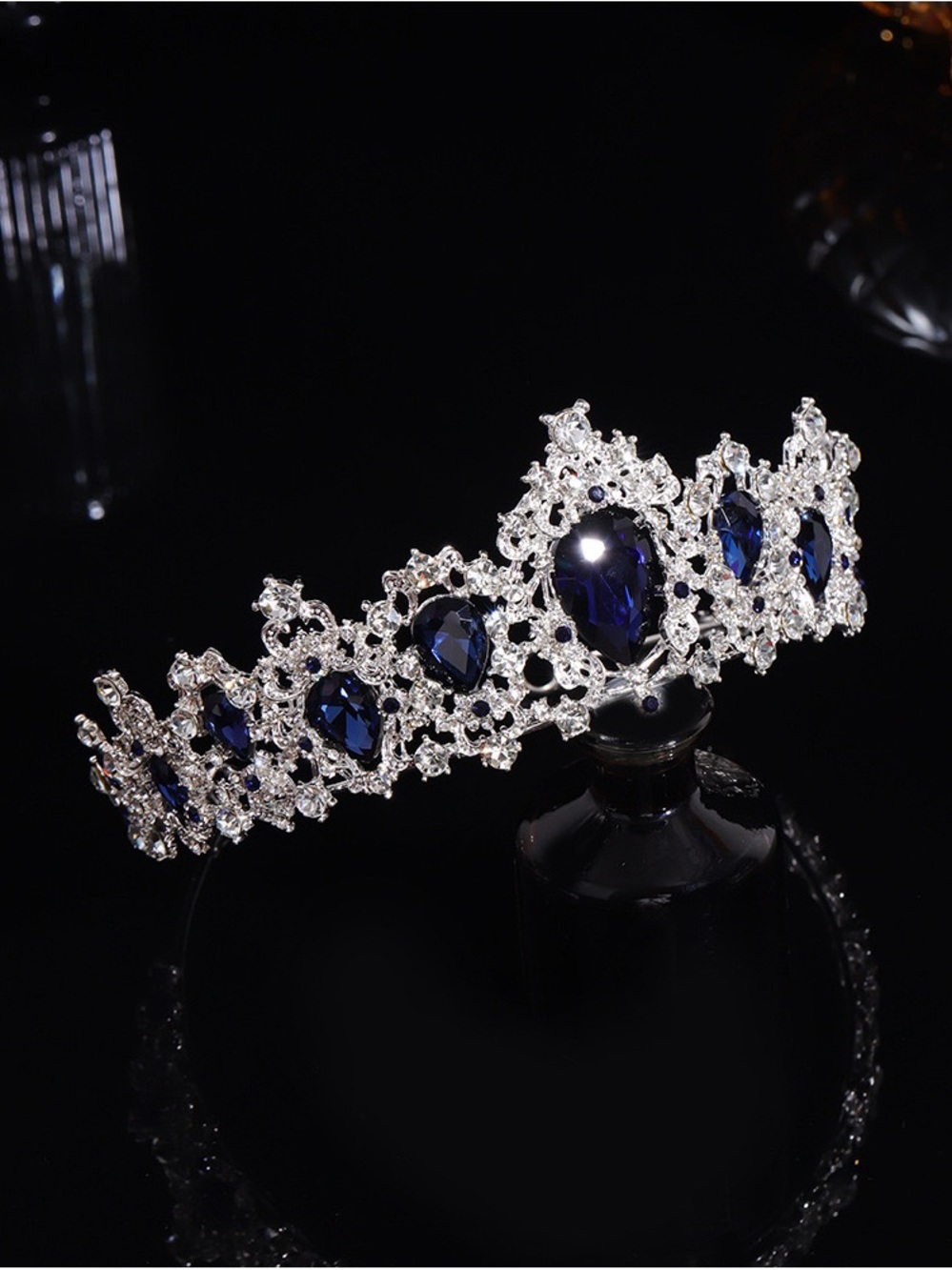 Silver Tiara Headband with Blue Crystal Accents